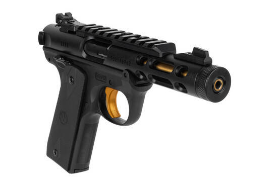Ruger 10/22 MKIV Lite rimfire pistol features a black and gold finish